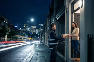 Courier delivering a parcel to a customer at night in Sydney