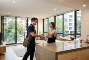 Courier delivering package in modern Sydney apartment kitchen