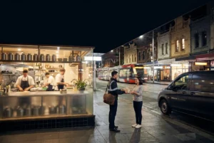 Courier delivering a package in a vibrant urban night scene