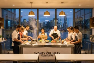 Chefs and home cooks preparing dessert in a modern kitchen