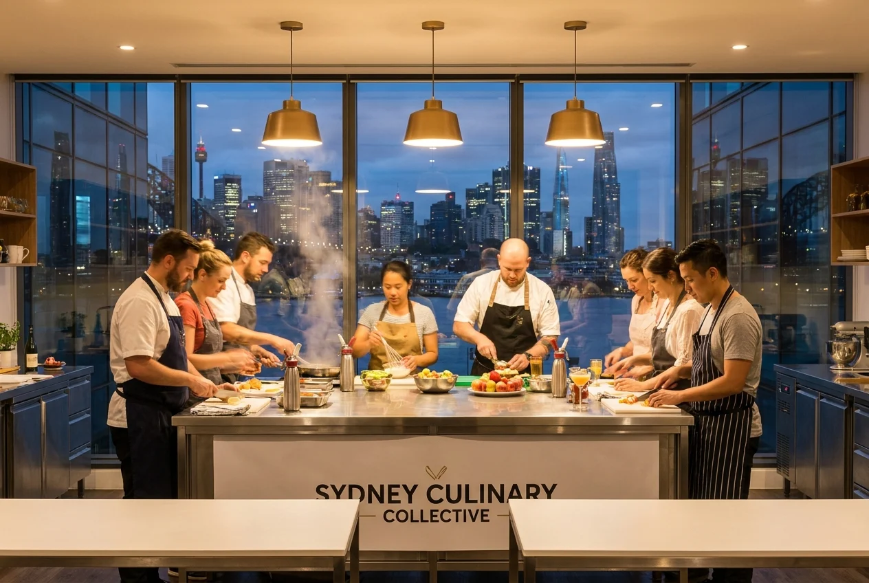 Chefs and home cooks preparing dessert in a modern kitchen