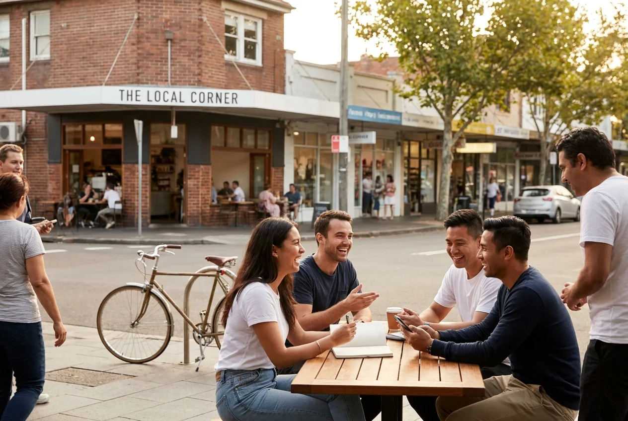 Group of Sydney business owners collaborating on local marketing strategy outdoors
