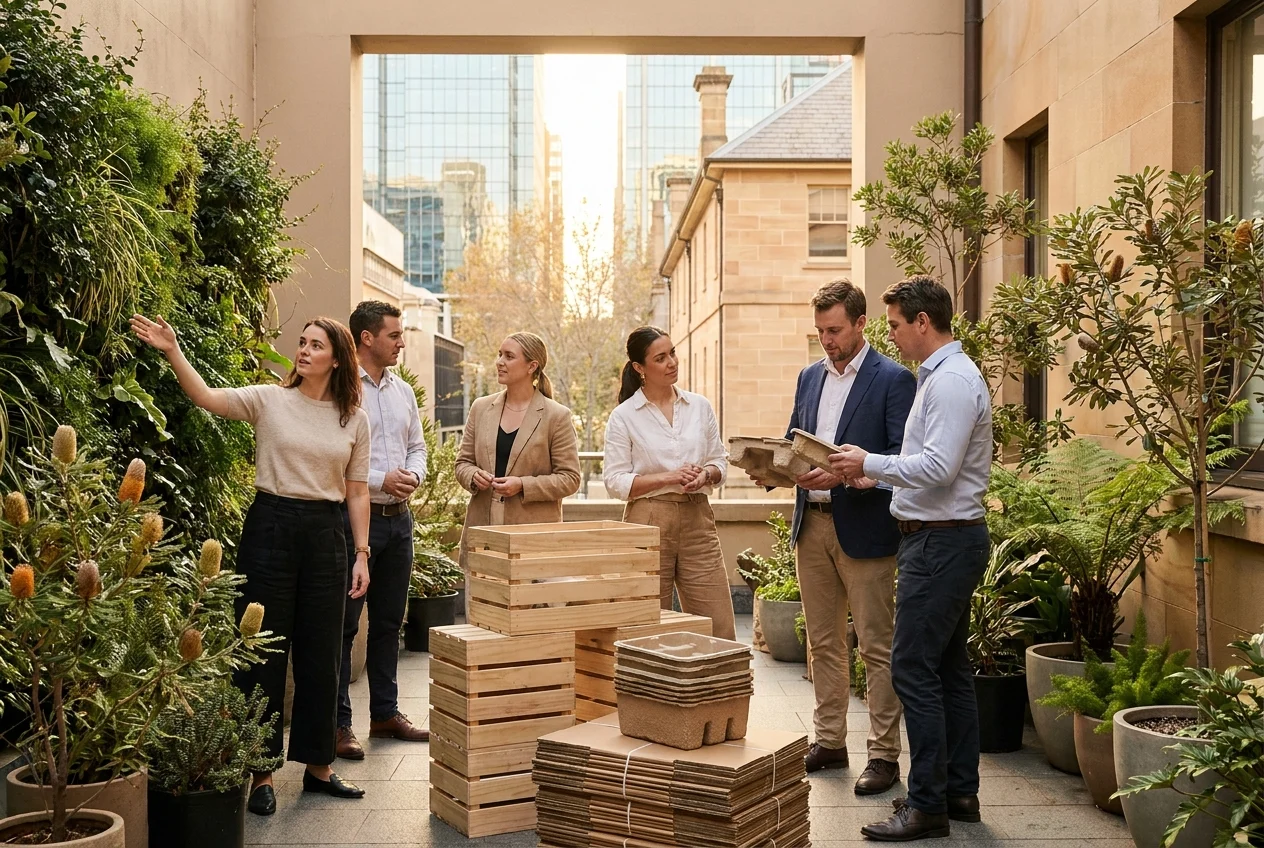 Top Reasons to Choose Nang Sydney for Fast and Reliable Delivery 2 Professionals with eco-friendly crates and greenery in sunlit courtyard.