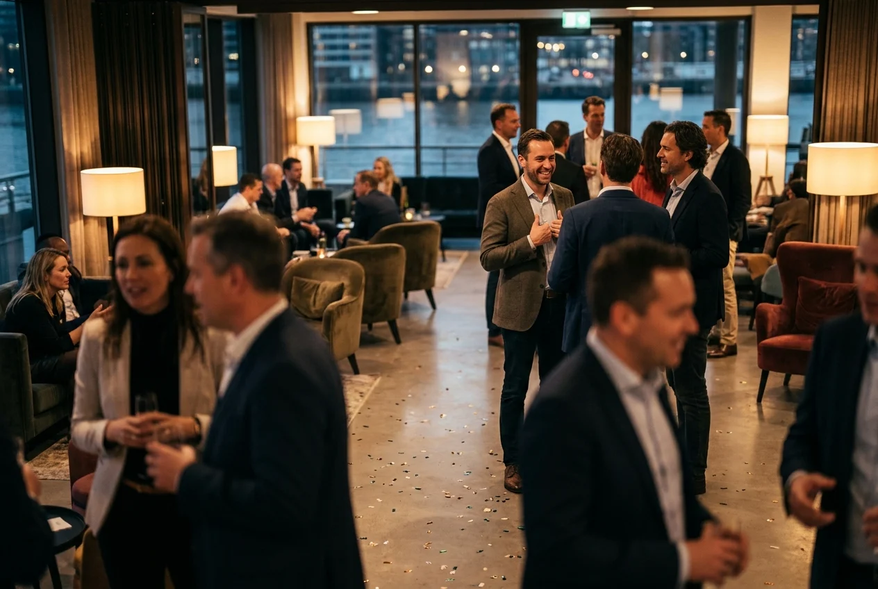 Adults conversing in stylish lounge, one giving thumbs-up gesture