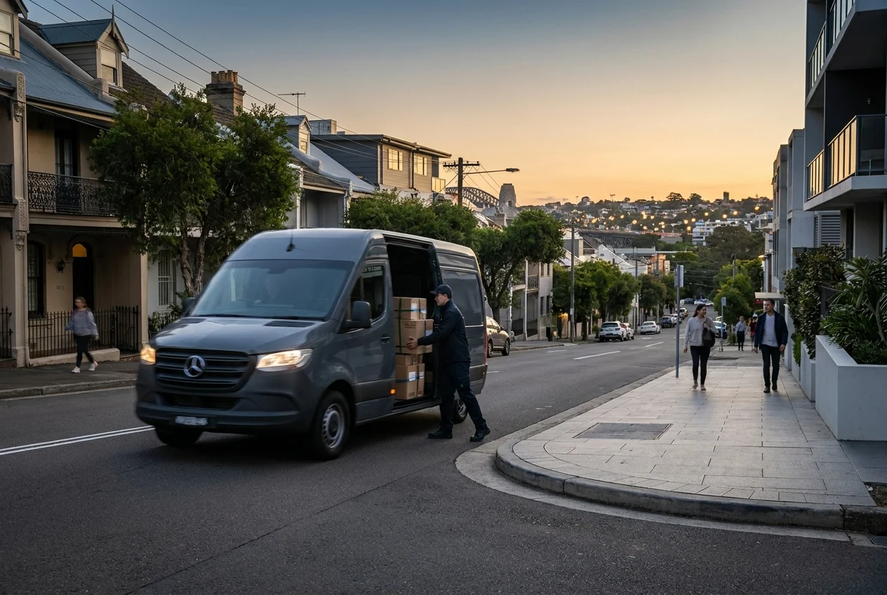 How Nang Sydney Ensures Premium Nangs Delivery Across All Suburbs 1 Delivery van on Sydney street at dusk, driver loading parcels