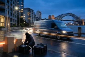 Late-night delivery van on a rain-soaked Sydney street