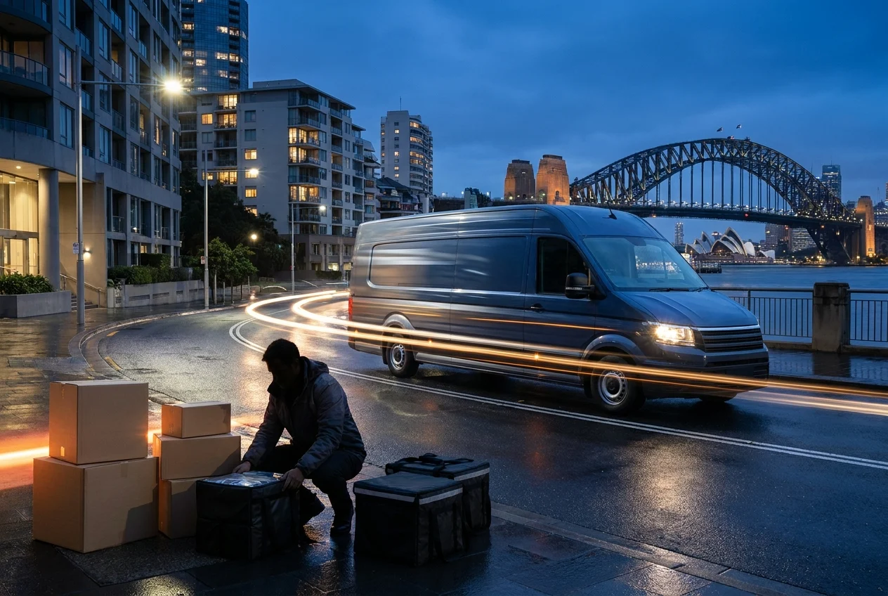 Late-night delivery van on a rain-soaked Sydney street