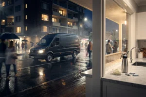 Courier vehicle on a lively Sydney suburban street at night