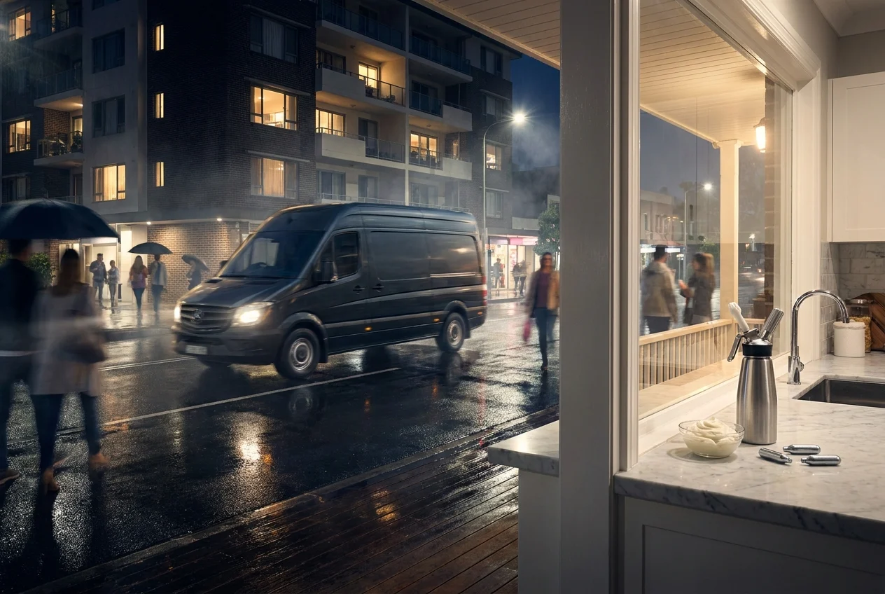 Courier vehicle on a lively Sydney suburban street at night
