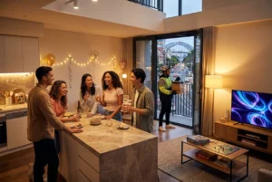 Young adults and delivery rider in a modern Sydney terrace setting