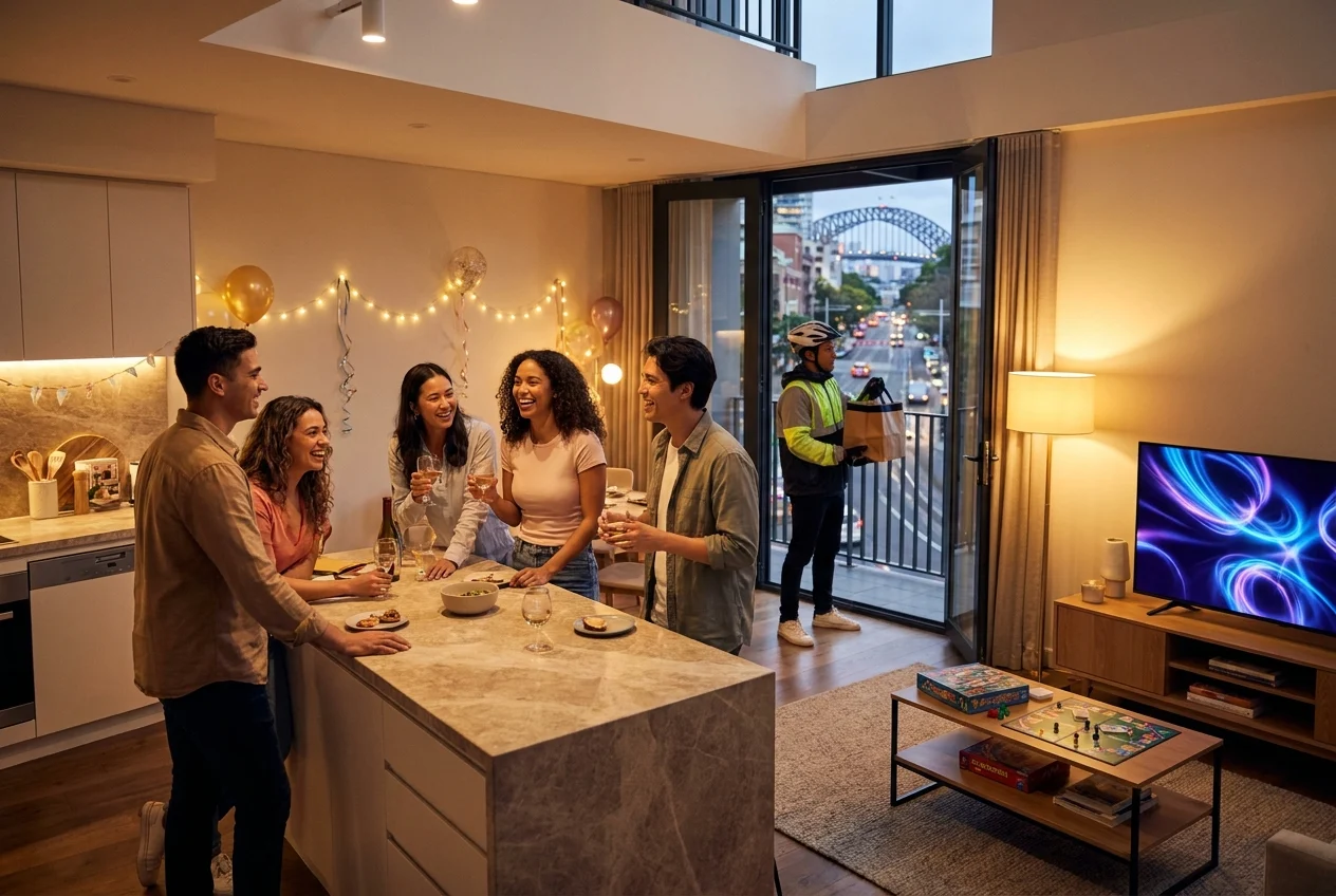 Young adults and delivery rider in a modern Sydney terrace setting