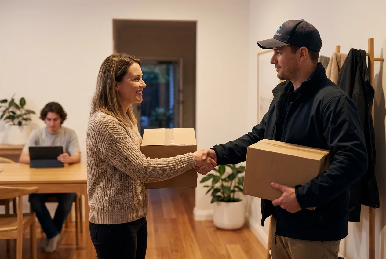 How Nang Sydney Ensures Premium Nangs Delivery Across All Suburbs 2 Customer and delivery professional with cream chargers in home entryway