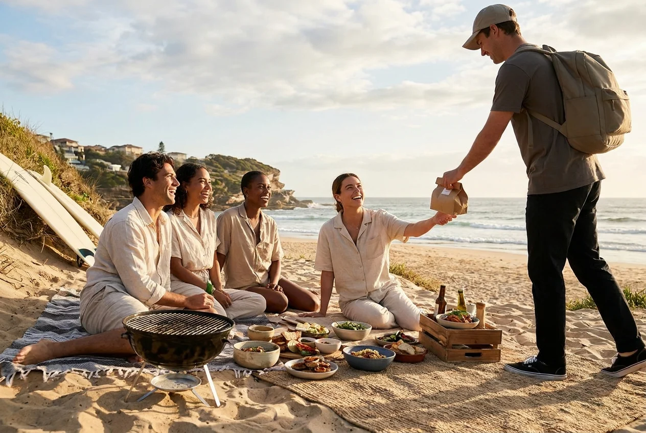 Exploring the Most Popular Sydney Suburbs for Quick Nang Delivery 1 Friends enjoying a picnic at Bondi Beach with a courier arriving.