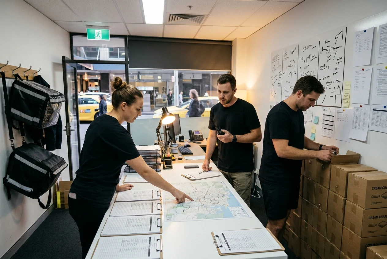 Uncovering the Secrets of Efficient 24/7 Nangs Delivery Services in Sydney 1 Sydney team discussing logistics for 24/7 nang delivery service.
