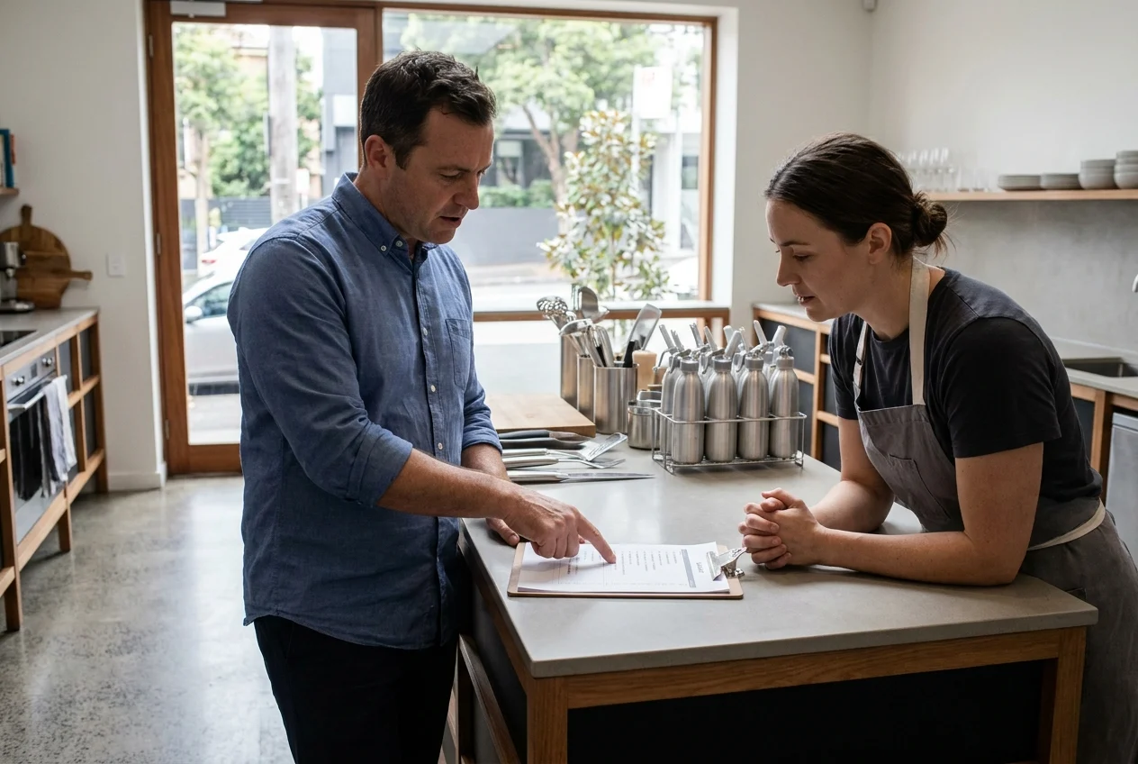 Two adults reviewing cream charger safety in a modern Sydney kitchen
