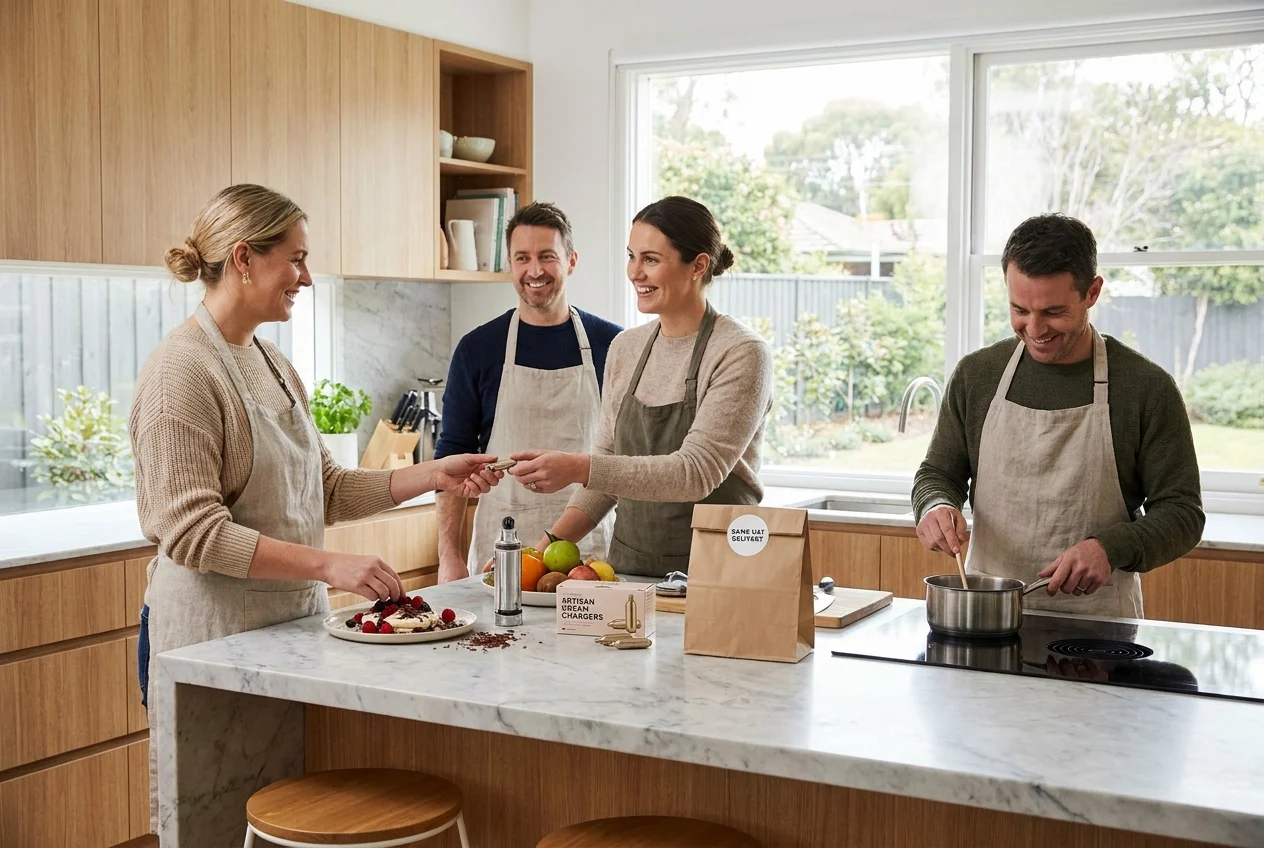 Navigating Sydney Suburbs with Fast Same-Day Nangs Delivery 1 Home cooks preparing desserts with cream chargers in a Sydney kitchen