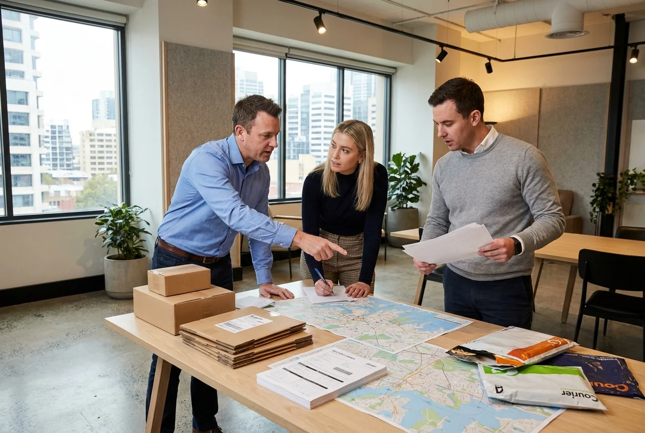 Team discussing delivery strategy with maps and notes.