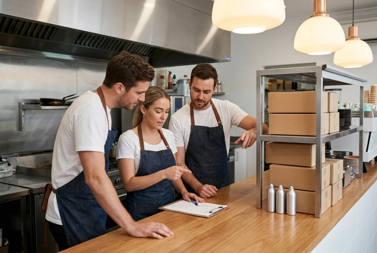 Top Reasons to Choose Nang Sydney for Fast and Reliable Delivery 1 Cafe staff reviewing delivery schedule with cream chargers, focused and organized.