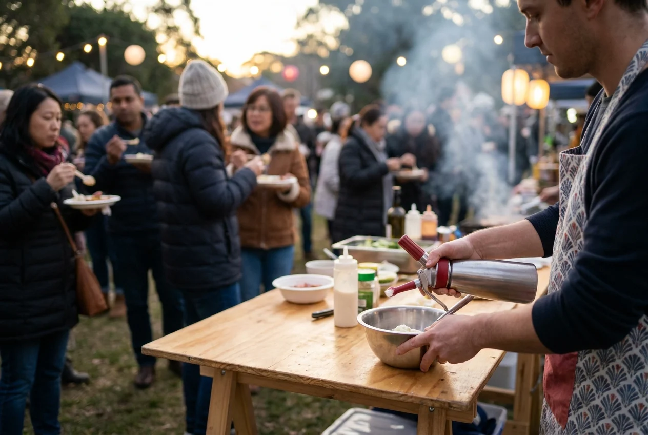 Person preparing whipped cream at a lively Sydney food event