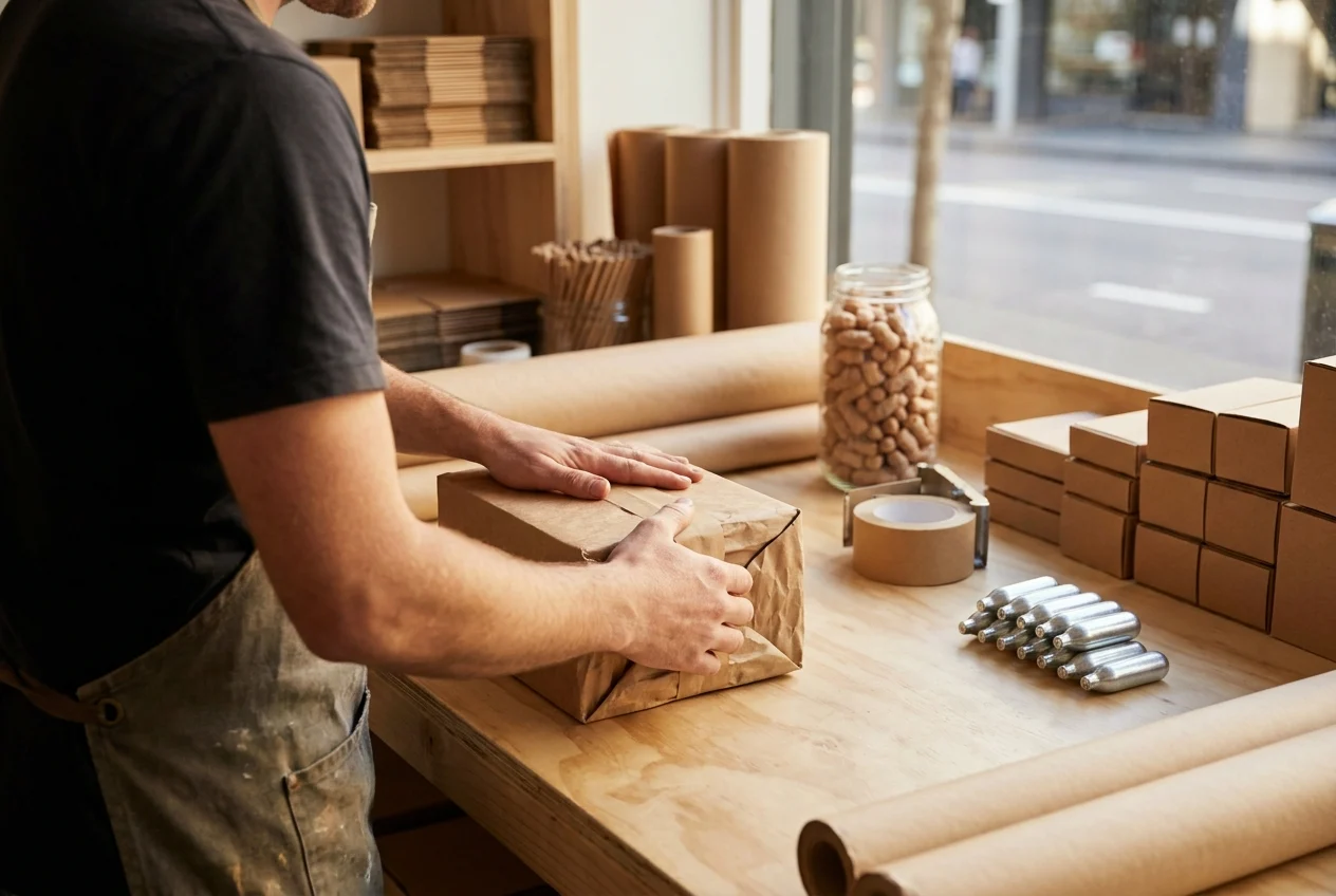 Staff member assembling eco-friendly parcels for Sydney nang delivery.