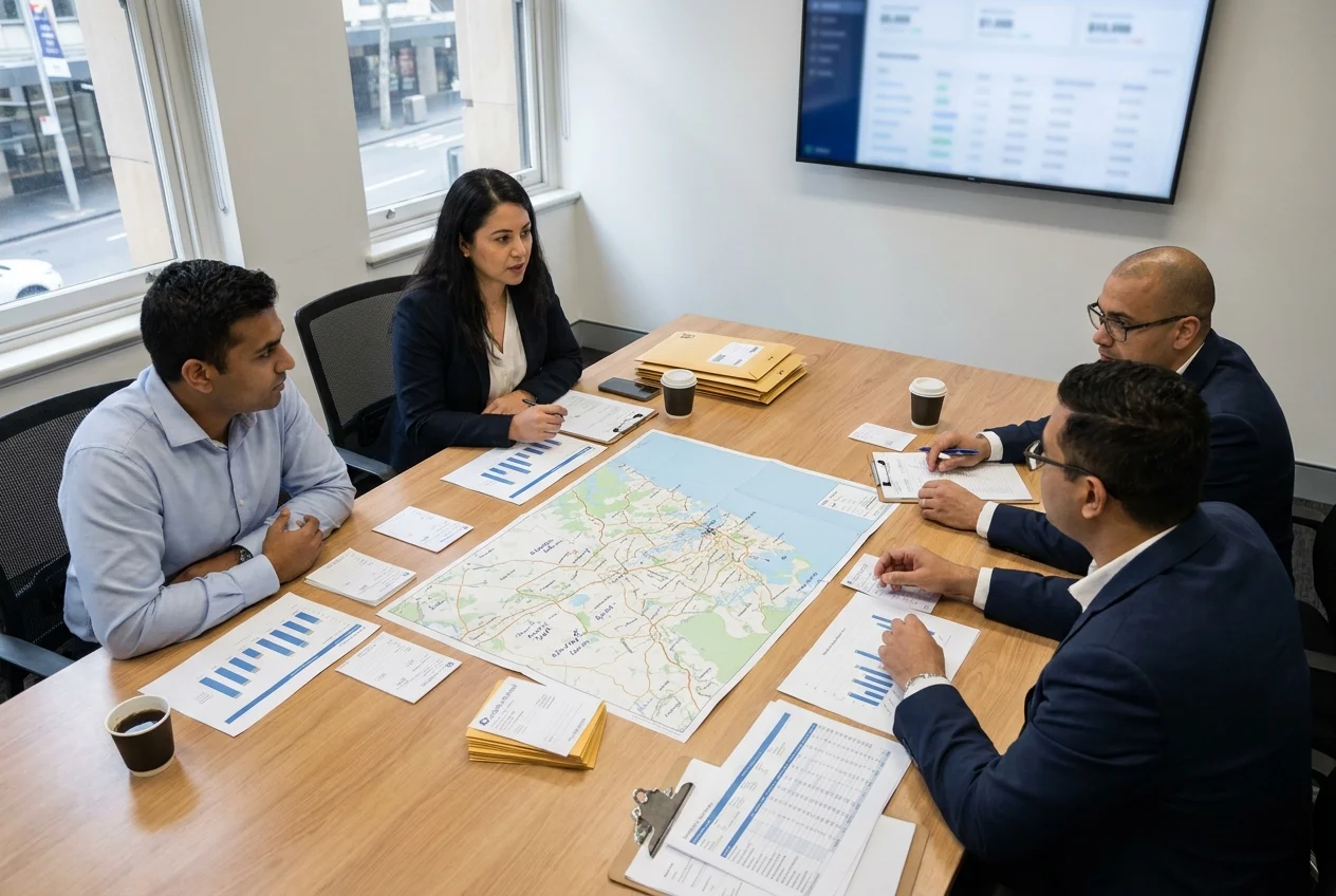 Team reviewing delivery performance with printed notes and maps in Sydney office