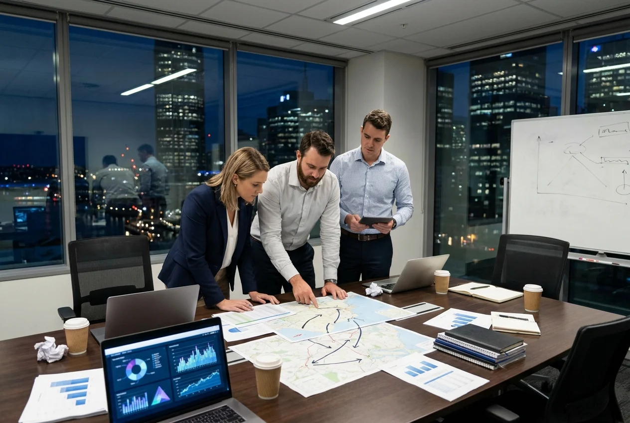 Exploring the Most Popular Sydney Suburbs for Quick Nang Delivery 2 Team reviewing delivery performance with charts and laptop in Sydney office.