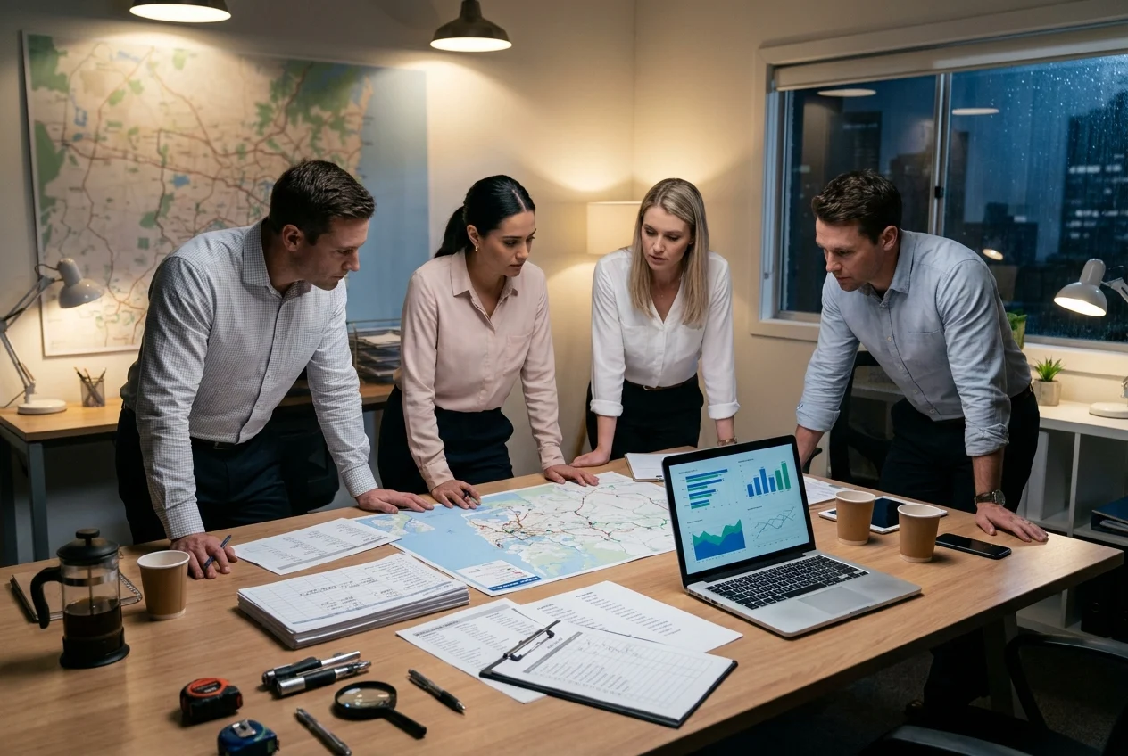 Professionals reviewing delivery plans in a modern Sydney workspace with maps.