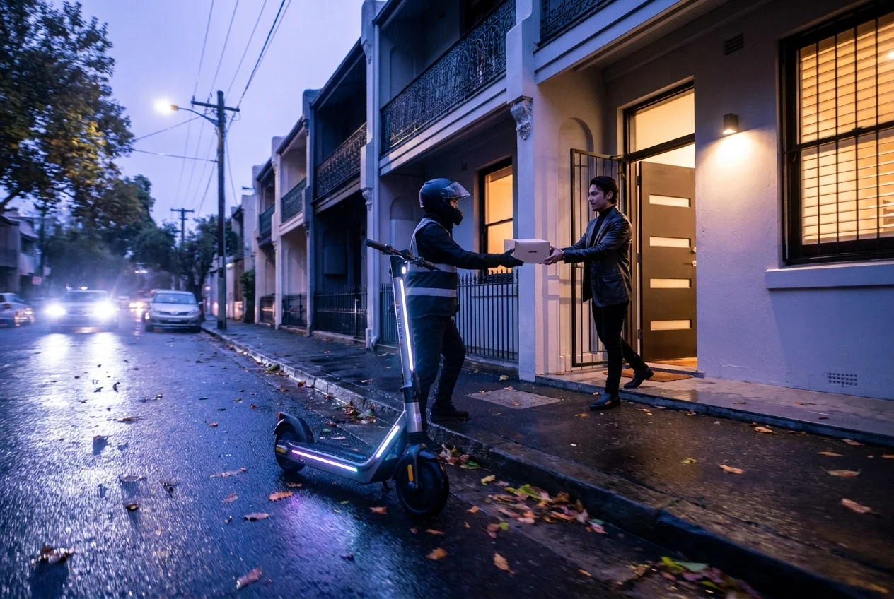 A Deep Dive into the Convenience of Late Night Nang Delivery in Sydney 2 Delivery rider handing parcel to customer outside a Sydney terrace home
