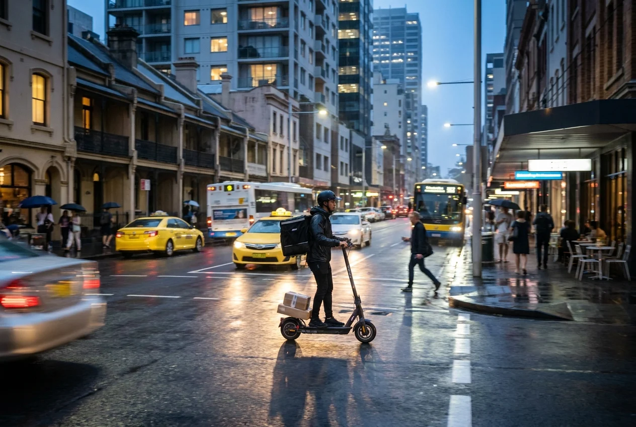 Sydney street at blue hour with delivery rider and traffic