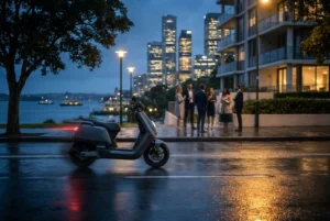 Courier scooter on a quiet Sydney street at night