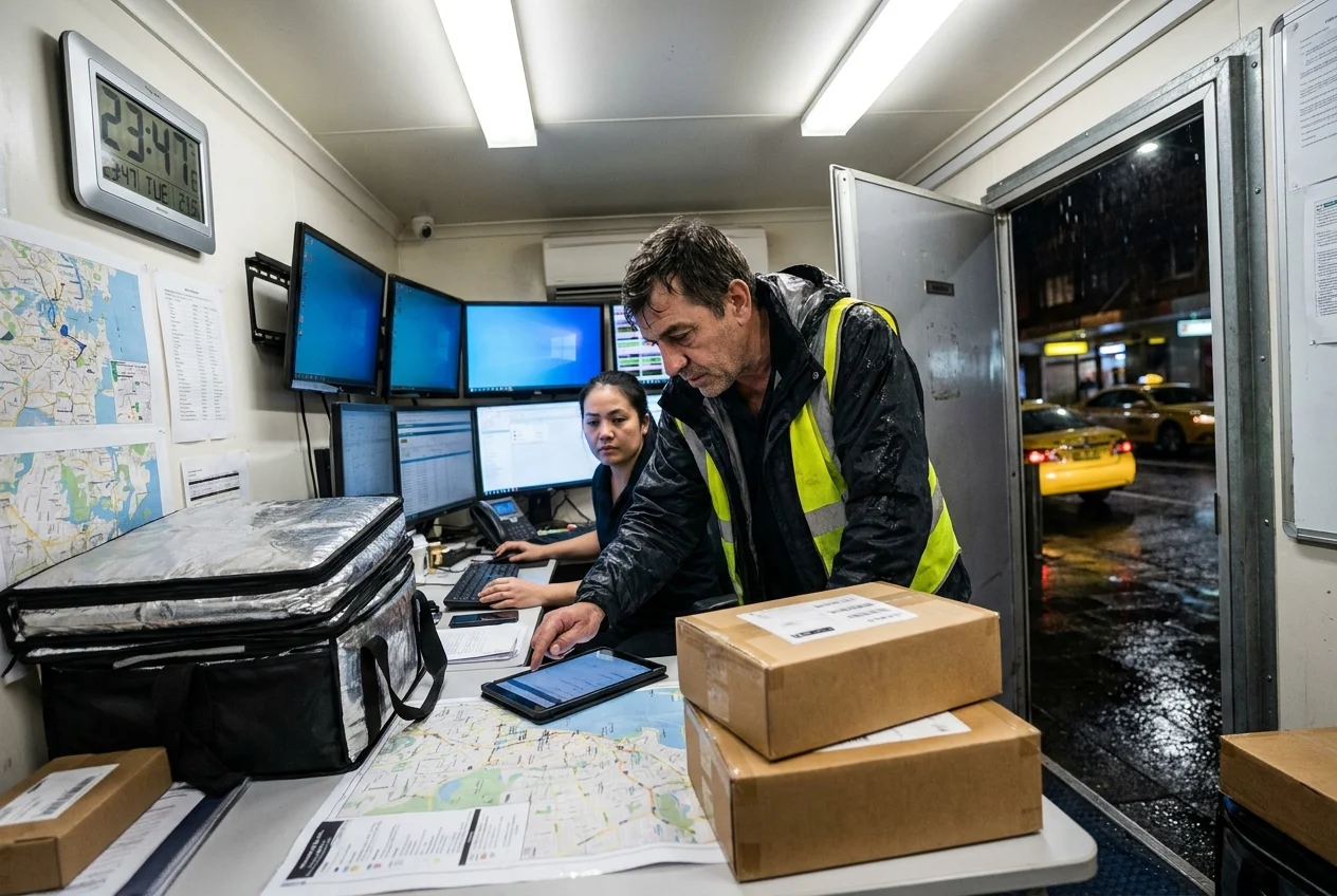 Dispatch coordinator and driver planning routes in a busy delivery hub