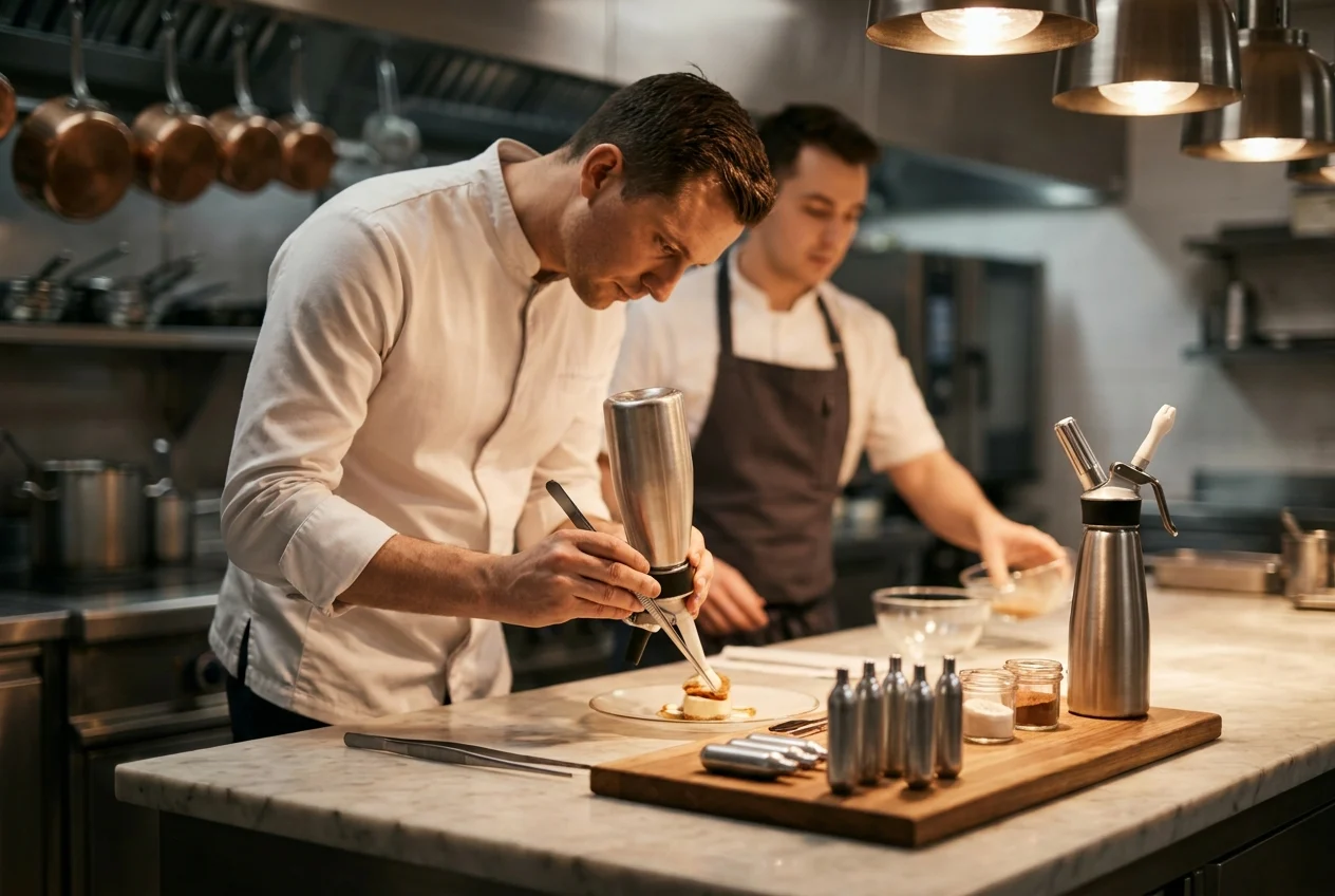 Chef and assistant using cream siphon in a modern kitchen setting