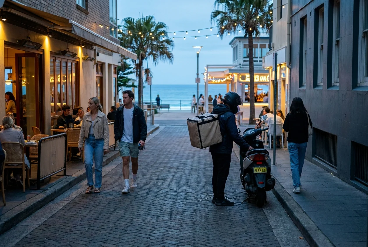 Nighttime Bondi laneway with people, cafes, and a delivery rider.