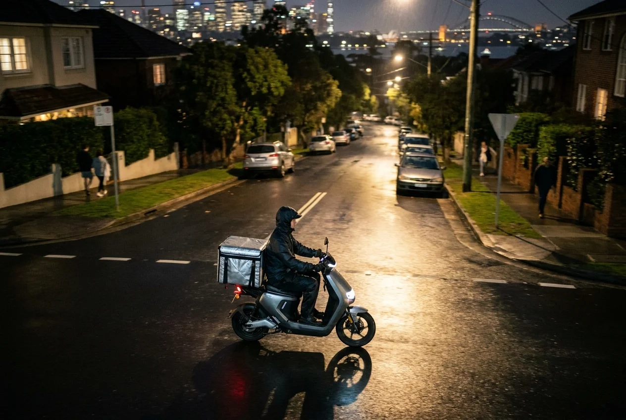 The Ultimate Guide to 24/7 Nangs Delivery in Sydney for 2026 2 Delivery rider travels through Sydney suburb at night with premium packaging