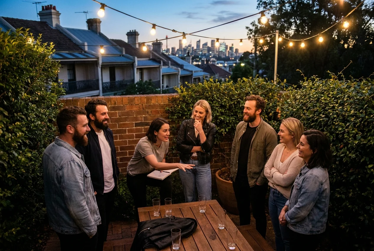 Top Tips for Ordering Nangs in Sydney for the First Time 2 Group of adults socializing outdoors in a Sydney suburb at dusk