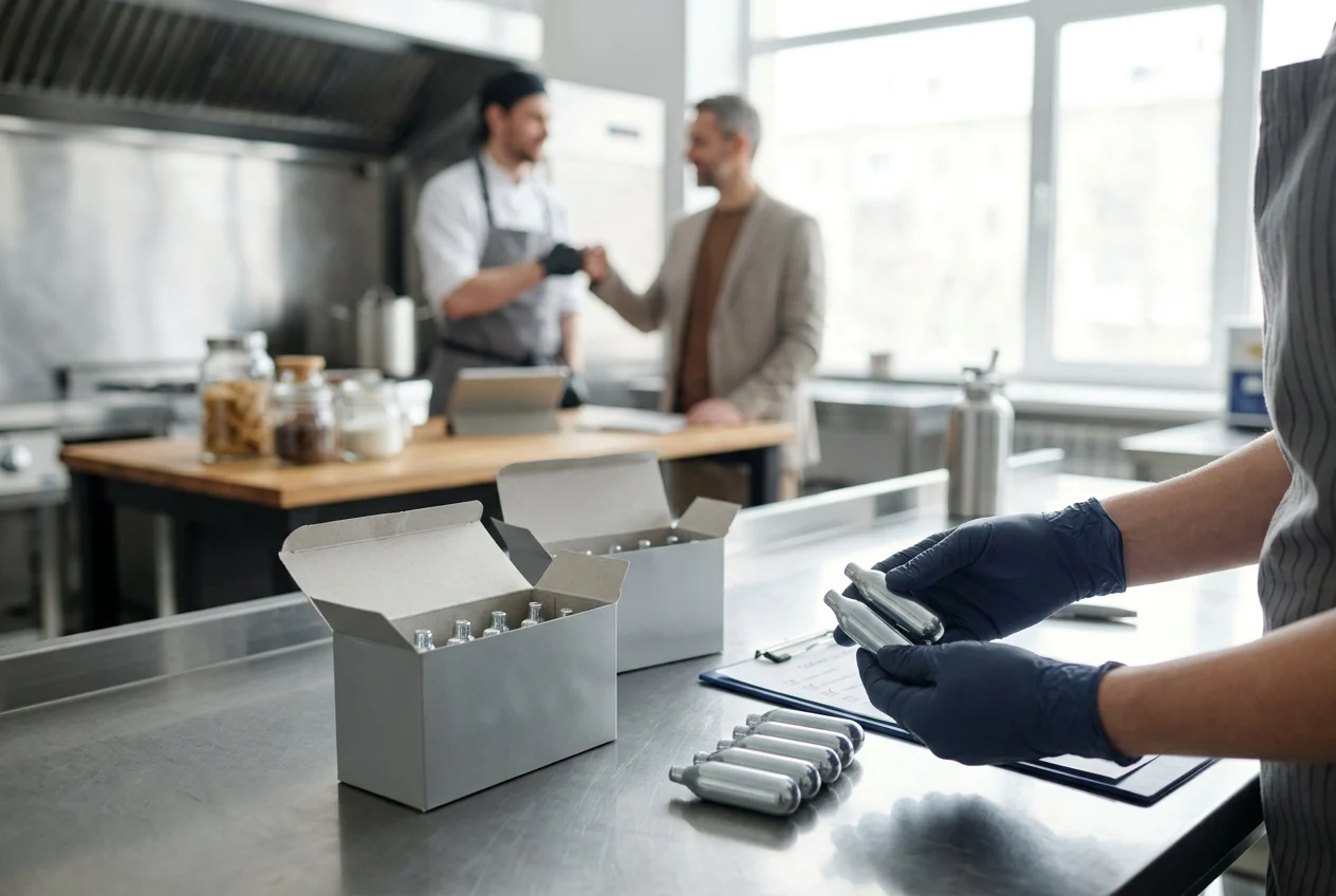 Hands inspecting cream chargers in a clean commercial kitchen setting