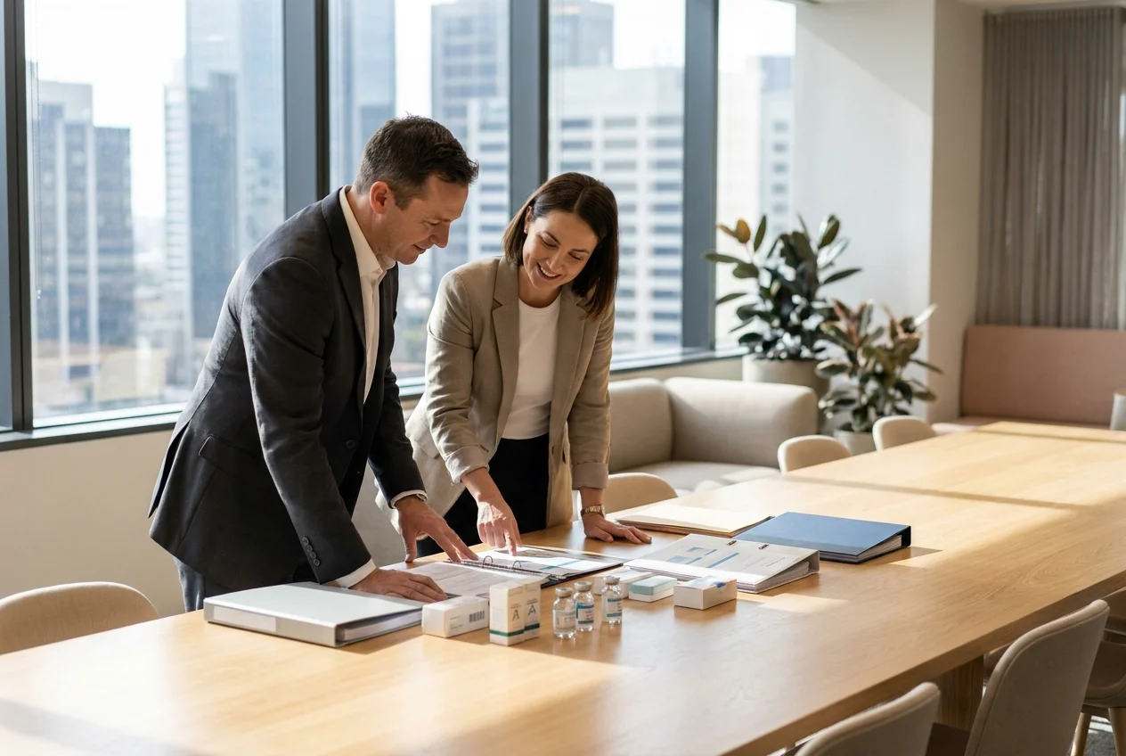 Supplier and customer reviewing compliance documents in modern office setting