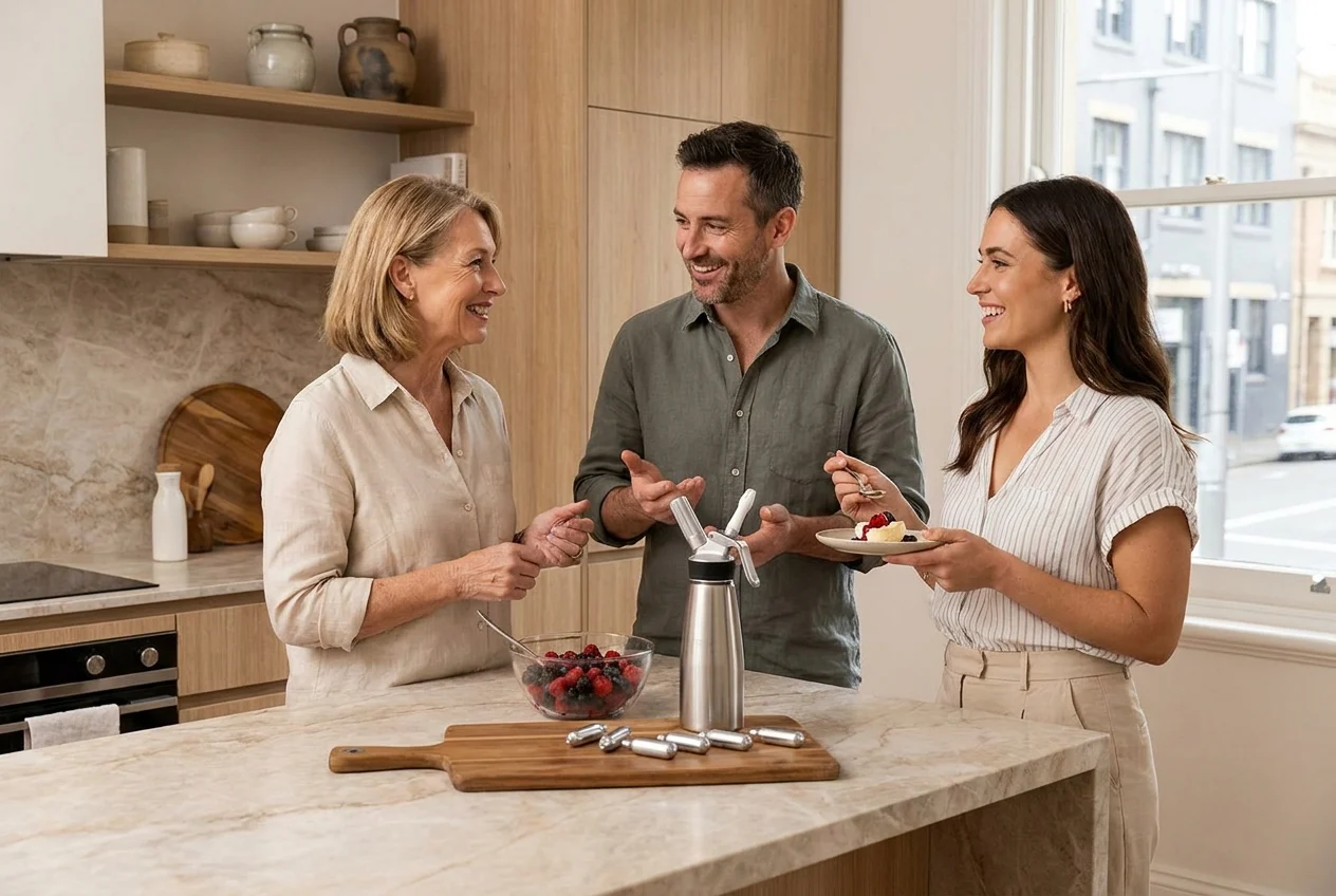 Adults conversing in a stylish Sydney kitchen with cream chargers.