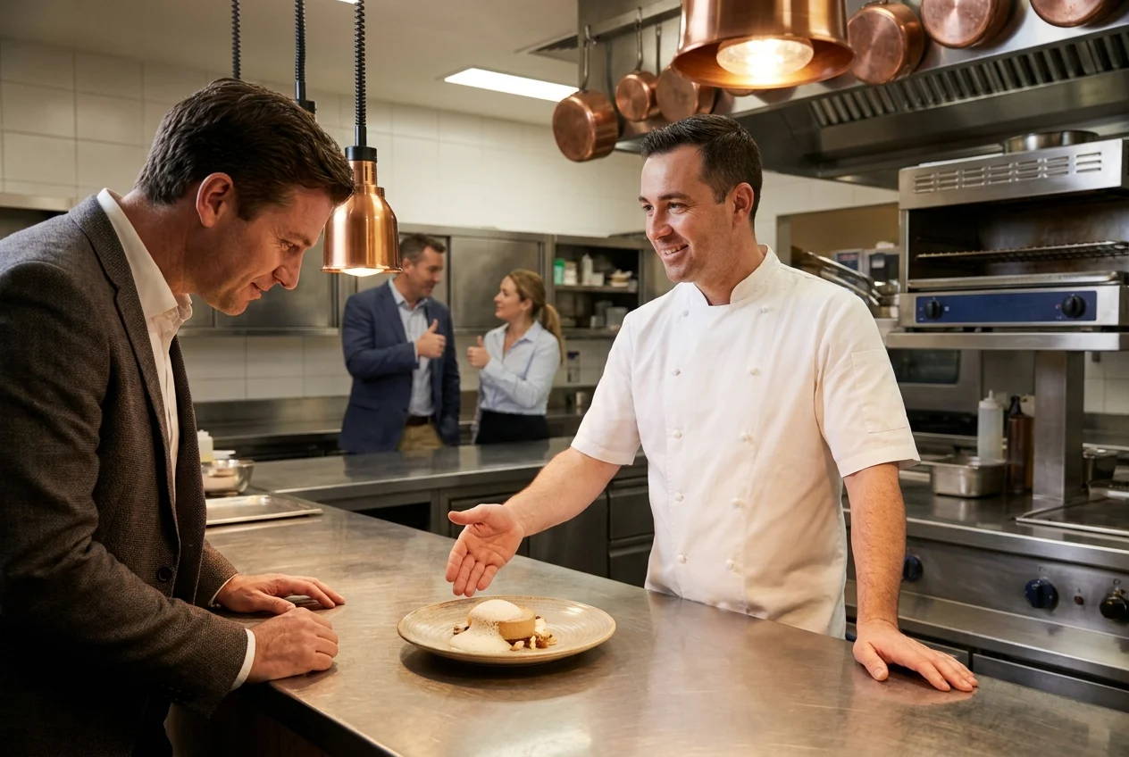 How Nangs Sydney Delivers Convenience and Quality at All Hours 2 Chef and customer reviewing dessert in a Sydney kitchen