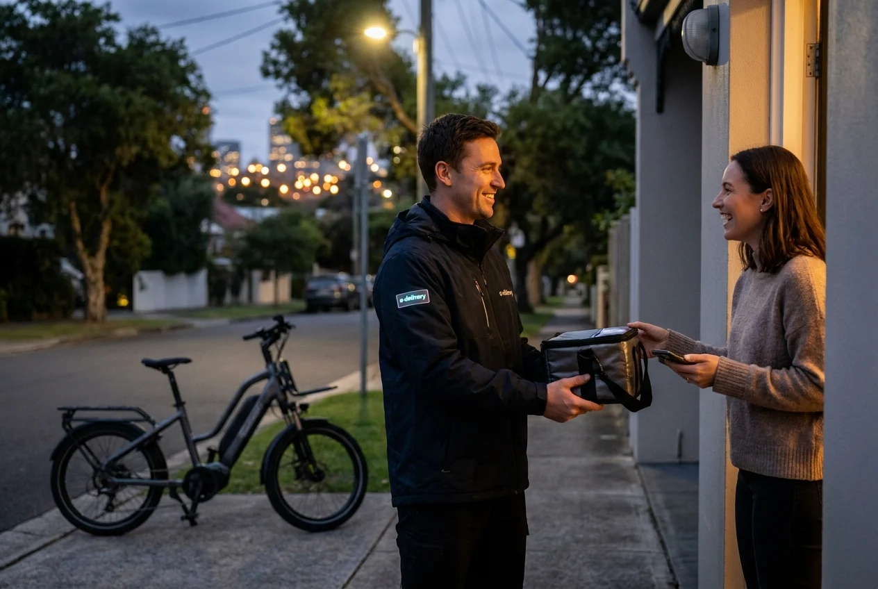 How Nang Delivery Services Enhance Convenience Across Sydney Suburbs 2 Delivery team member hands package to customer on suburban street.
