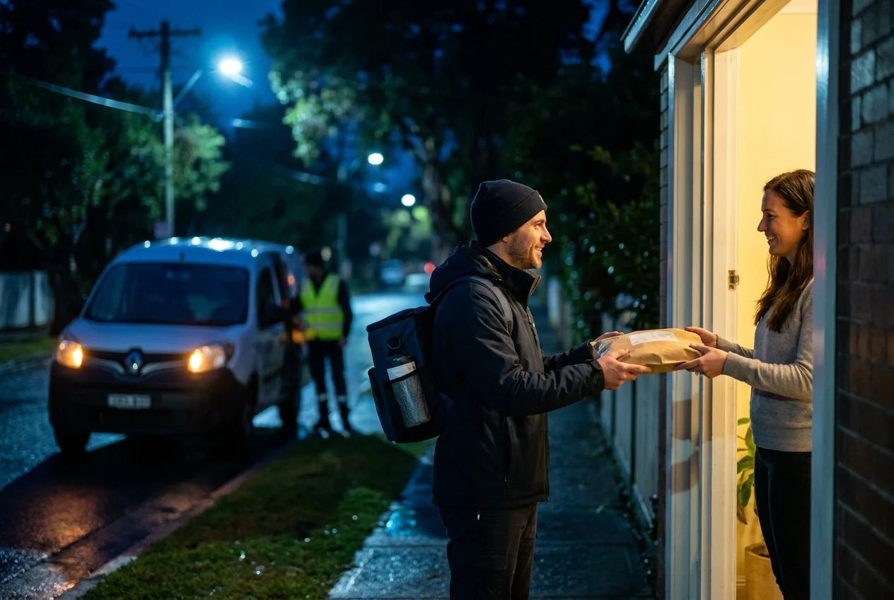 How Nang Sydney Ensures Premium 24/7 Delivery Service Across All Suburbs 2 Courier delivers order to customer in quiet Sydney suburb street