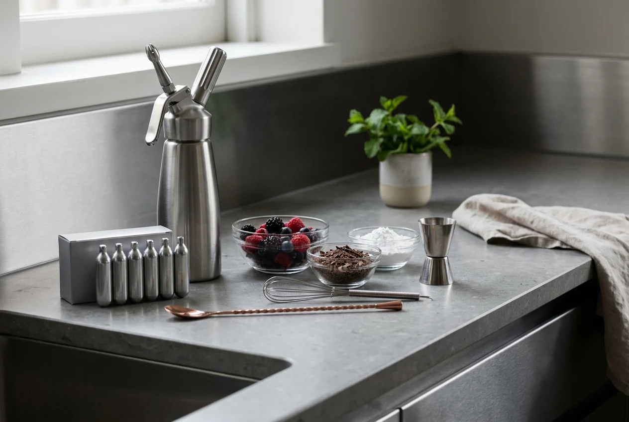 The Ultimate Guide to 24/7 Cream Charger Delivery in Sydney 2 Cream chargers and dessert tools on a sleek Sydney kitchen benchtop