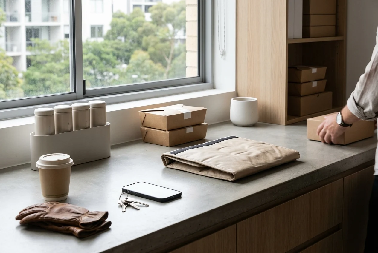 Neatly arranged delivery items in a modern workspace after shift