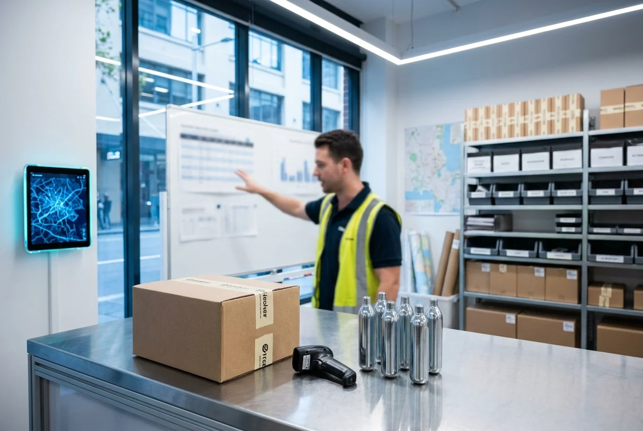 Clean dispatch workspace with cream chargers and tracking device in Sydney.