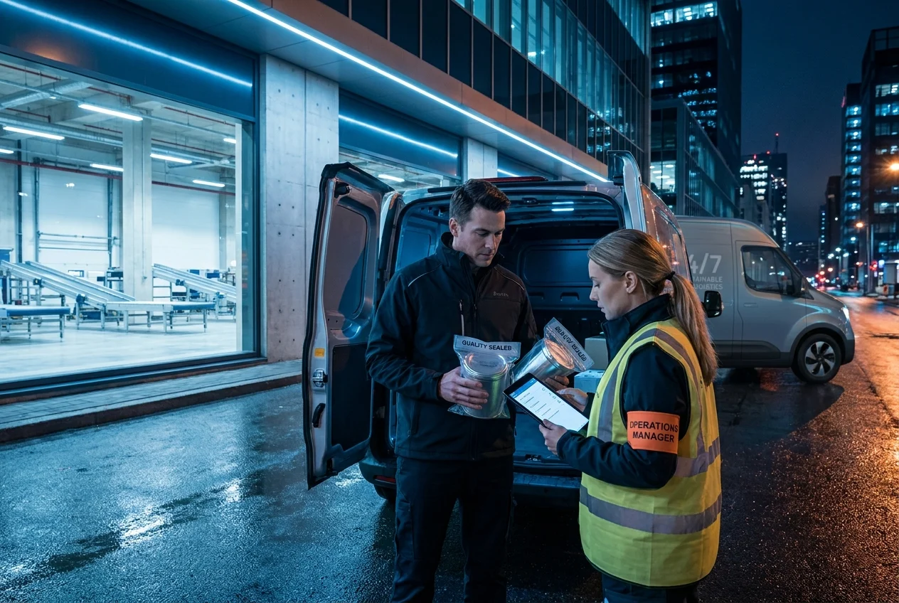 The Ultimate Guide to 24/7 Nangs Delivery in Sydney for 2026 1 Courier and manager inspect nangs delivery outside modern Sydney warehouse at night