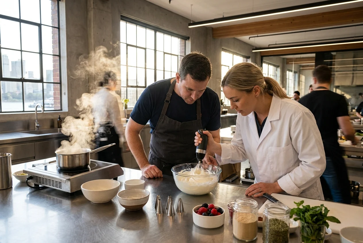 Chef and specialist aerating cream dessert in modern Sydney kitchen.