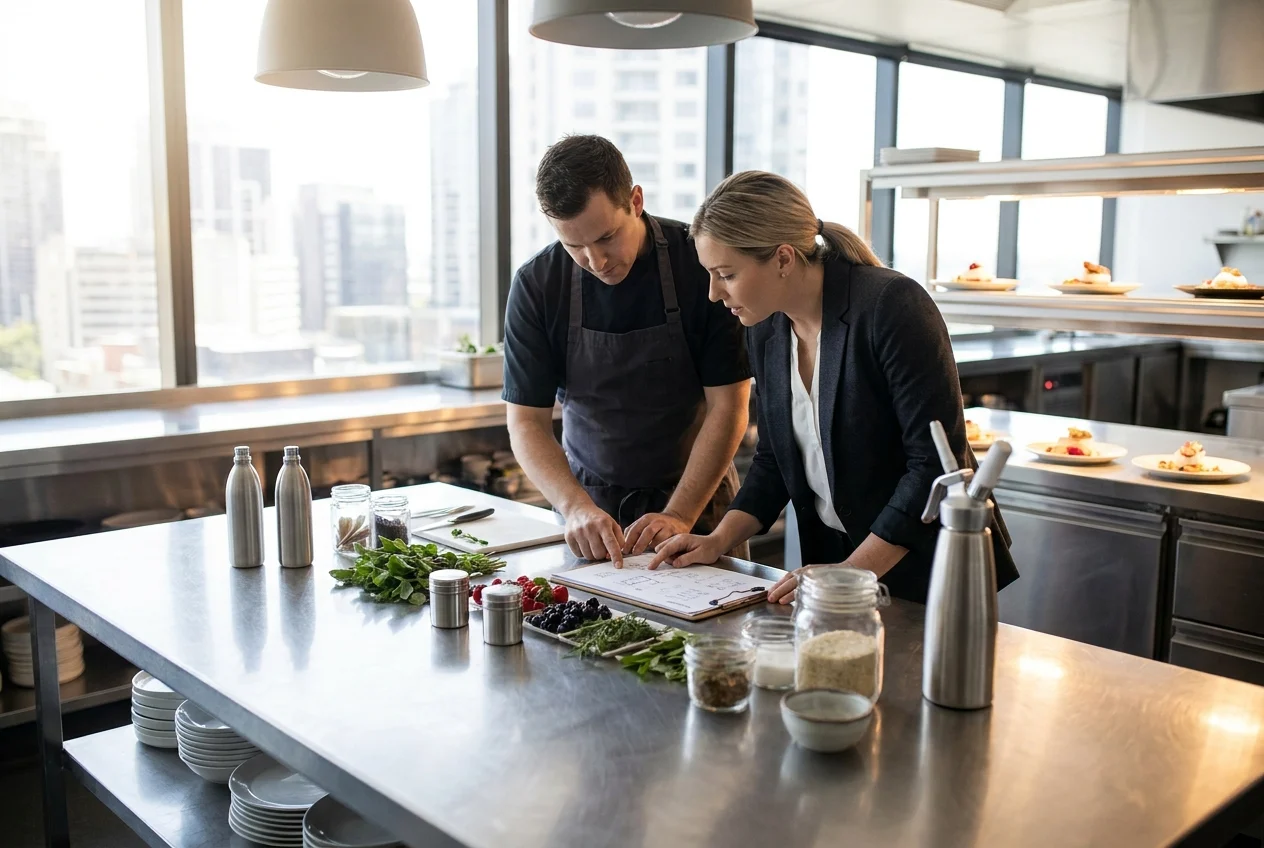 Chef and planner reviewing ingredients in a modern kitchen workspace