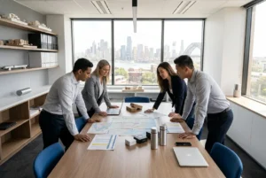 Diverse team planning logistics in a modern Sydney workspace
