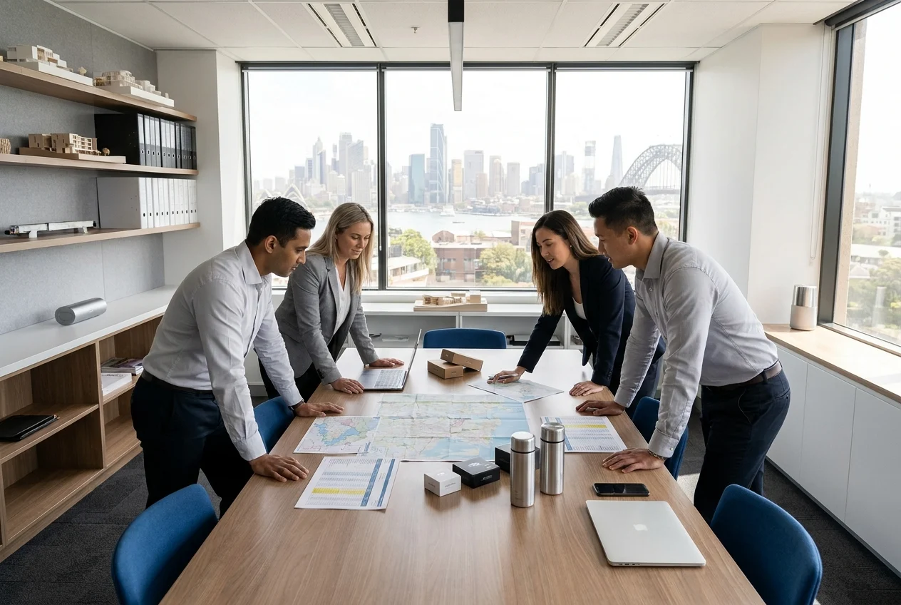 Diverse team planning logistics in a modern Sydney workspace