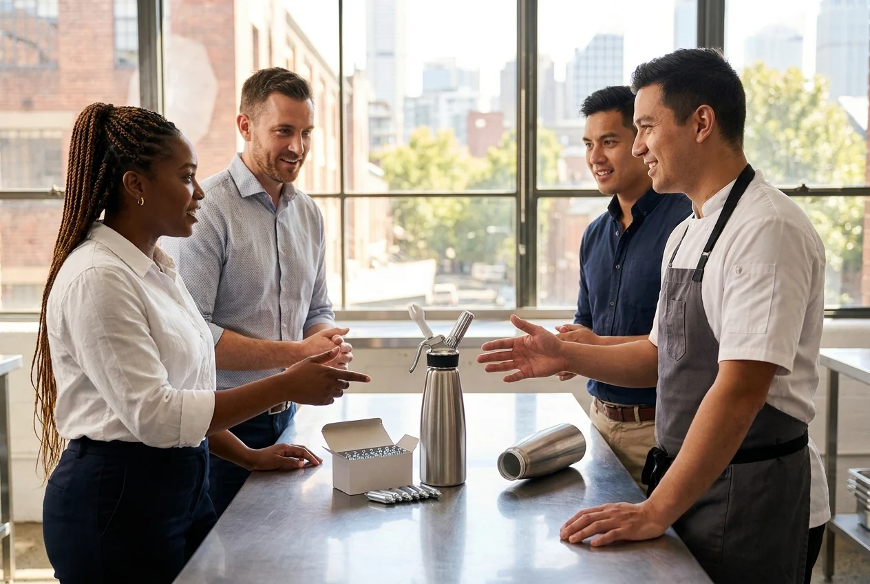 Diverse group discussing cream chargers in a modern kitchen studio